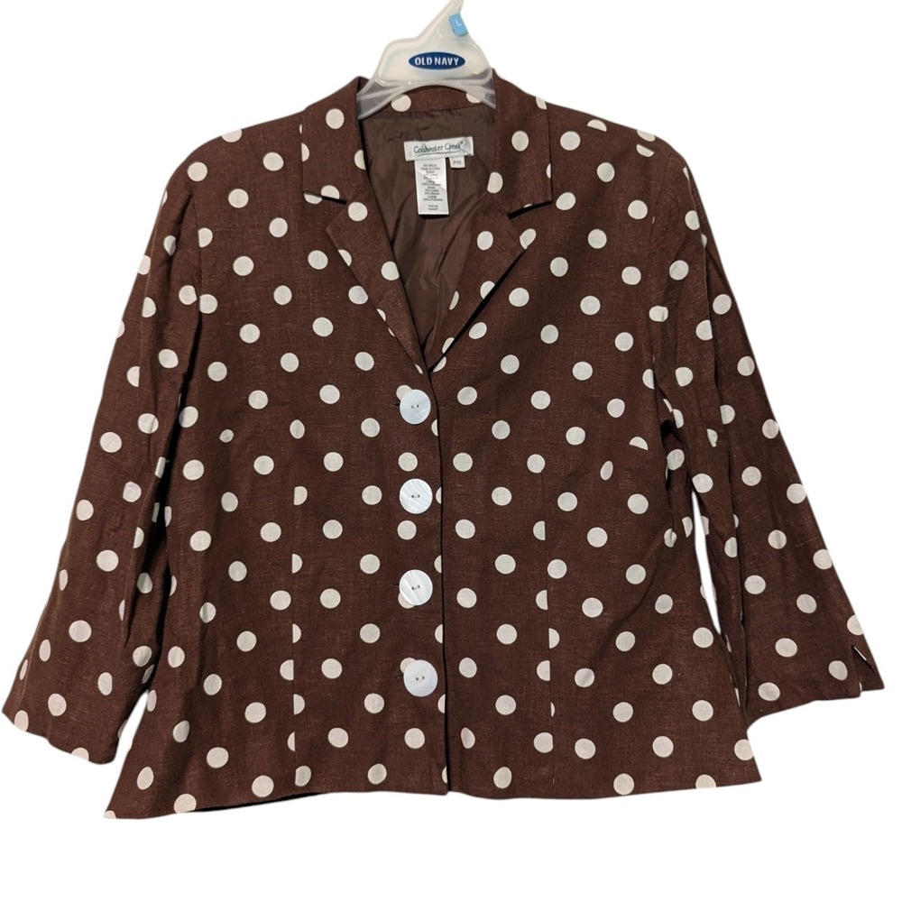 Coldwater Creek‎ Brown Polka Dot Blazer Jacket Women Size P10 Linen 3/4 Sleeve